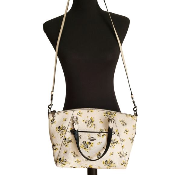 Coach Prairie Satchel Yellow Floral Pebbled Leather Handbag Tote Bag Rose 87109 - Picture 9 of 15